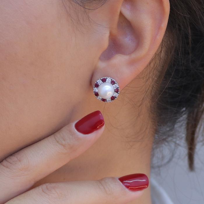 Σκουλαρίκια Λευκόχρυσος Κ18 με Διαμάντια, Ρουμπίνια & Μαργαριτάρια SKU-74257