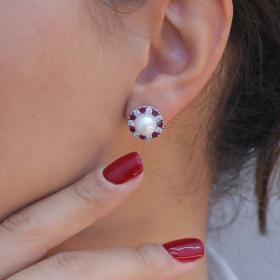 Σκουλαρίκια Λευκόχρυσος Κ18 με Διαμάντια, Ρουμπίνια & Μαργαριτάρια SKU-74257