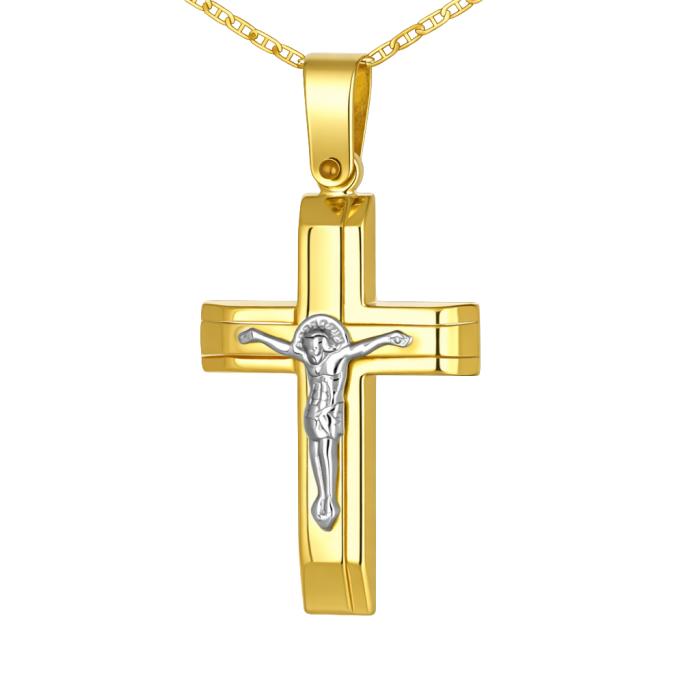 Σταυρός Ανδρικός Λευκόχρυσος & Χρυσός Κ9 με Τον Εσταυρωμένο SKU-74514