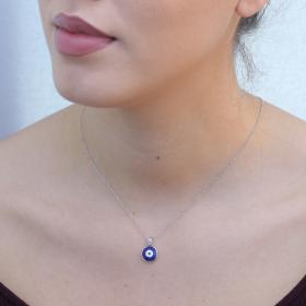 Μενταγιόν Ματάκι Διπλής Όψεως Λευκόχρυσος Κ9 με Σμάλτο & Ζιργκόν SKU-75457