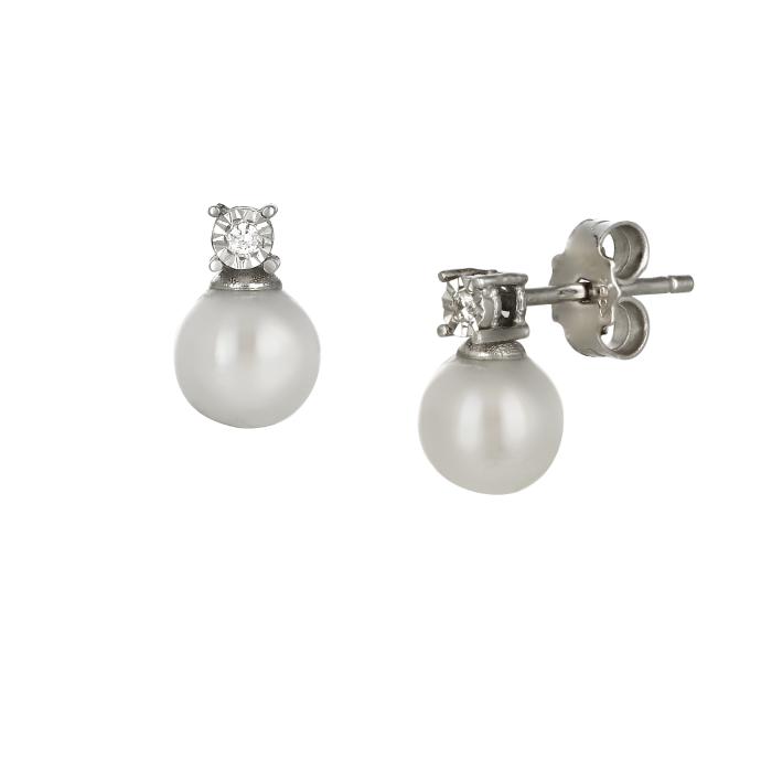 Σκουλαρίκια με Διαμάντια & Μαργαριτάρι Λευκόχρυσος Κ18 SKU-75764