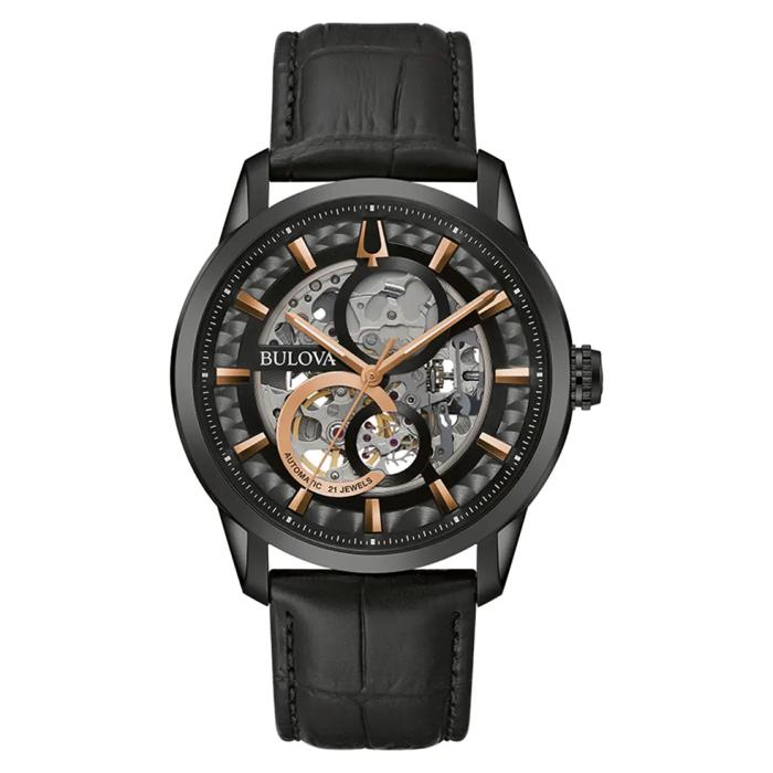 Ανδρικό Αυτόματο Ρολόι BULOVA Sutton Μαύρο Δερμάτινο Λουράκι | 98A283 SKU-76633