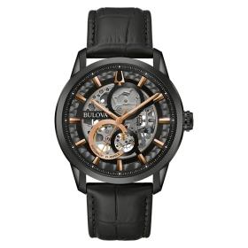 Ανδρικό Αυτόματο Ρολόι BULOVA Sutton Μαύρο Δερμάτινο Λουράκι | 98A283 SKU-76633