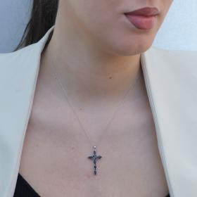 Σταυρός με Αλυσίδα Λευκόχρυσος Κ18 με Ζαφείρι SKU-77853