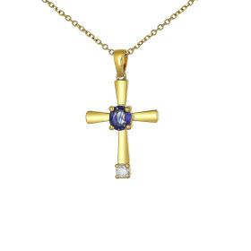 Σταυρός Χρυσός Κ14 με Ζαφείρι & Διαμάντια SKU-78526