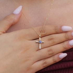 Σταυρός Χρυσός Κ14 με Ζαφείρι & Διαμάντια SKU-78526