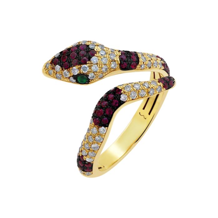 Δαχτυλίδι Φίδι Κίτρινος Χρυσός K18 με Διαμάντια, Σμαράγδια και Ρουμπίνια SKU-79486