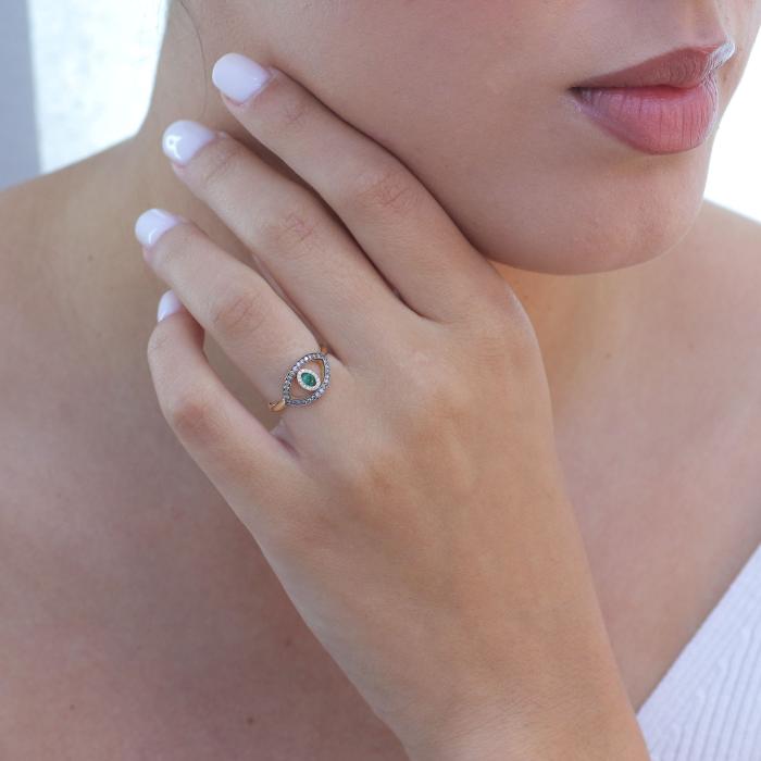 Δαχτυλίδι Μάτι με Λευκά & Καφέ Διαμάντια & Σμαράγδι Χρυσός Κ18 με Μαύρο Πλατίνωμα SKU-79710