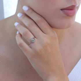 Δαχτυλίδι Μάτι με Λευκά & Καφέ Διαμάντια & Σμαράγδι Χρυσός Κ18 με Μαύρο Πλατίνωμα SKU-79710