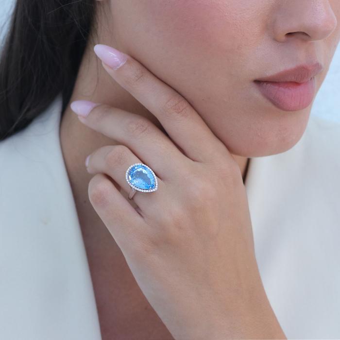 Δαχτυλίδι Δάκρυ Λευκόχρυσος K18 με Swiss Blue Topaz & Διαμάντια SKU-79416
