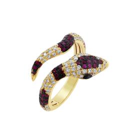 Δαχτυλίδι Φίδι Κίτρινος Χρυσός K18 με Διαμάντια, Σμαράγδια και Ρουμπίνια SKU-79486