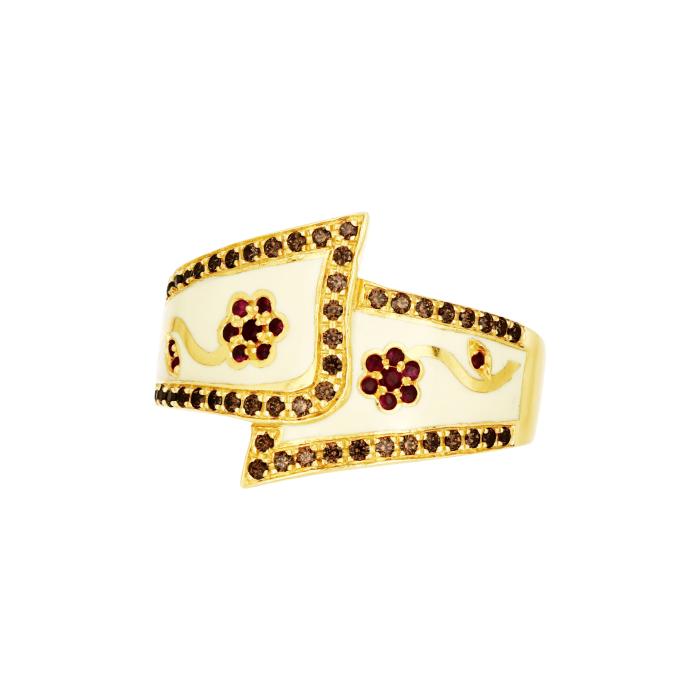 Δαχτυλίδι Χρυσός K18 με Σμάλτο, Καφέ Διαμάντια & Ρουμπίνια SKU-79568