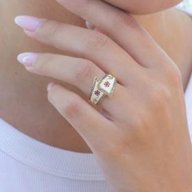 Δαχτυλίδι Χρυσός K18 με Σμάλτο, Καφέ Διαμάντια & Ρουμπίνια SKU-79568