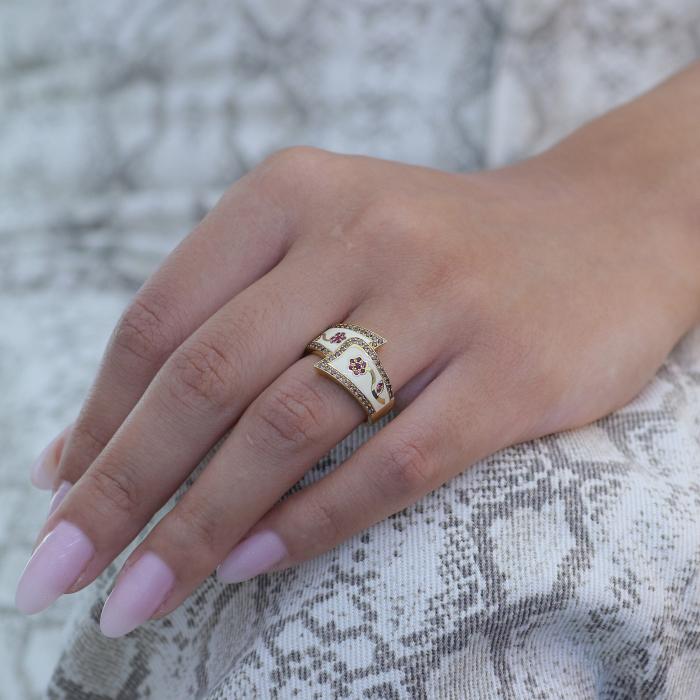 Δαχτυλίδι Χρυσός K18 με Σμάλτο, Καφέ Διαμάντια & Ρουμπίνια SKU-79568