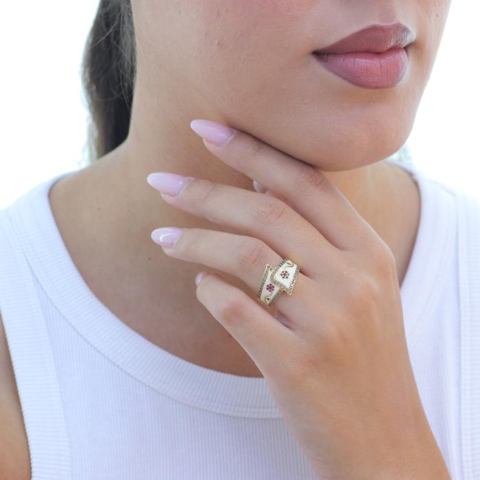 Δαχτυλίδι Χρυσός K18 με Σμάλτο, Καφέ Διαμάντια & Ρουμπίνια SKU-79568