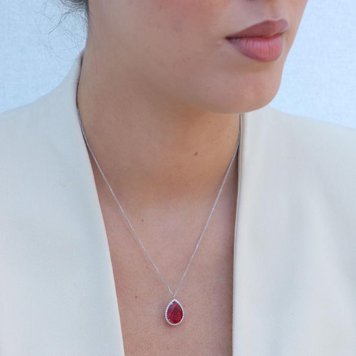 Κολιέ Ροζέτα Δάκρυ με Διαμάντια & Treated Ρουμπίνι Λευκόχρυσος K14 SKU-79419