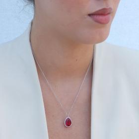 Κολιέ Ροζέτα Δάκρυ με Διαμάντια & Treated Ρουμπίνι Λευκόχρυσος K14 SKU-79419