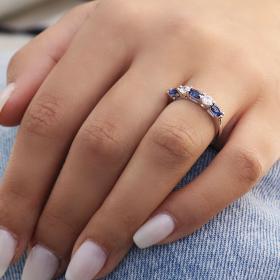 Δαχτυλίδι Σειρέ με Διαμάντια και Ζαφείρια Λευκόχρυσος K14 SKU-79397