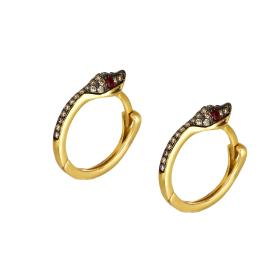 Σκουλαρίκια Κρίκοι Φίδι με Καφέ Διαμάντια και Ρουμπίνια Χρυσός K18 SKU-79491