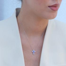 Σταυρός με Αλυσίδα Λευκόχρυσος K18 με Διαμάντια & Ζαφείρια SKU-79696