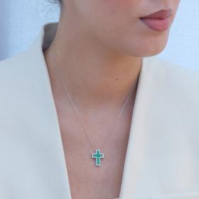 Σταυρός με Αλυσίδα Λευκόχρυσος K18 με Διαμάντια και Σμαράγδια SKU-79699