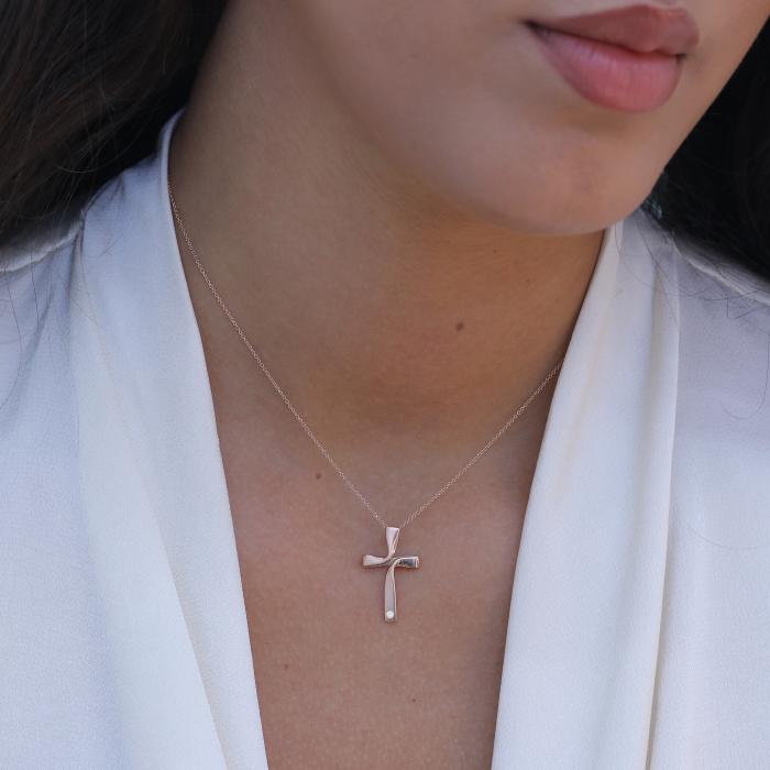 Σταυρός με Αλυσίδα Ροζ Χρυσός Κ18 με Διαμάντι SKU-79259