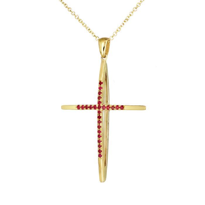 Σταυρός Διπλής Όψεως με Αλυσίδα Λευκόχρυσος & Χρυσός K14 με Ρουμπίνια SKU-79240