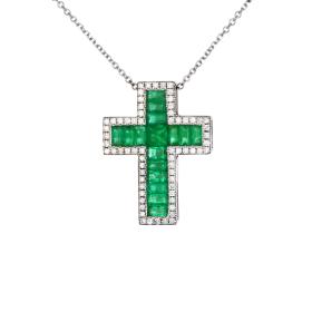 Σταυρός με Αλυσίδα Λευκόχρυσος K18 με Διαμάντια και Σμαράγδια SKU-79699