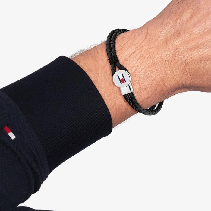 Βραχιόλι TOMMY HILFIGER από Aνοξείδωτο Aτσάλι και Μαύρο Δέρμα SKU-80868