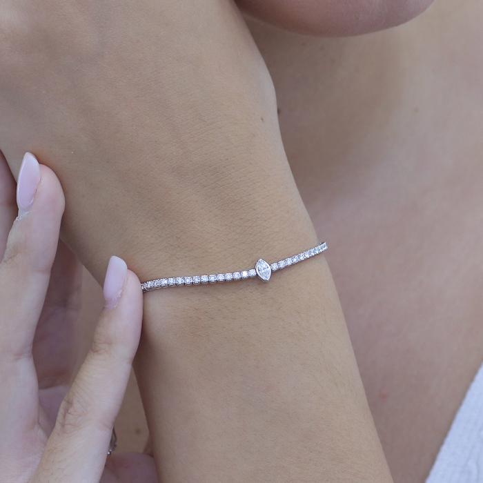 Γυναικείο Βραχιόλι Ριβιέρα με Διαμάντι Marquise Λευκόχρυσος K14 SKU-80796