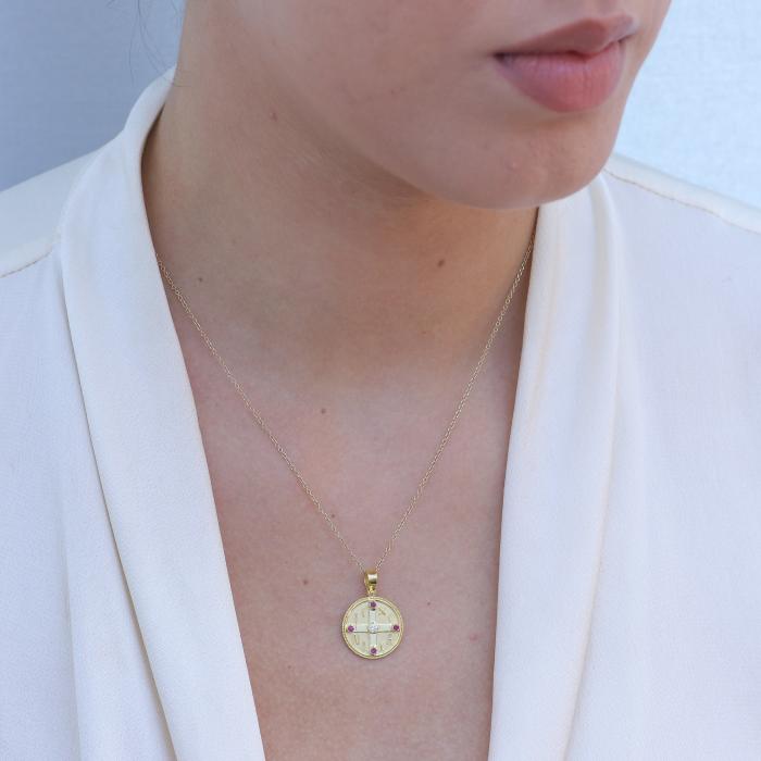 Χειροποίητο Κωνσταντινάτο Φυλαχτό με Διαμάντι και Ρουμπίνια Χρυσός K14 SKU-80055