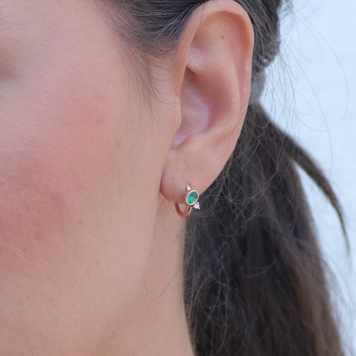 Σκουλαρίκια Κρίκοι με Διαμάντια & Σμαράγδι Ροζ Χρυσός K14 SKU-80235