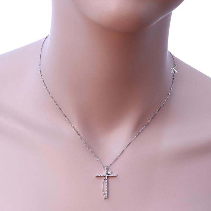 Σταυρός με Αλυσίδα Λευκόχρυσος Κ14 με Λευκά Ζιργκόν SKU-80699