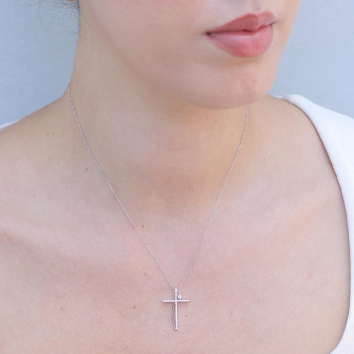 Σταυρός με Αλυσίδα Λευκόχρυσος Κ14 με Λευκά Ζιργκόν SKU-80699