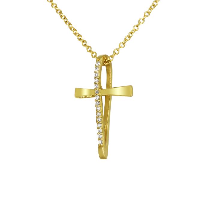 Σταυρός Βάπτισης με Αλυσίδα Χρυσός Κ14 με Λευκά Ζιργκόν SKU-80368