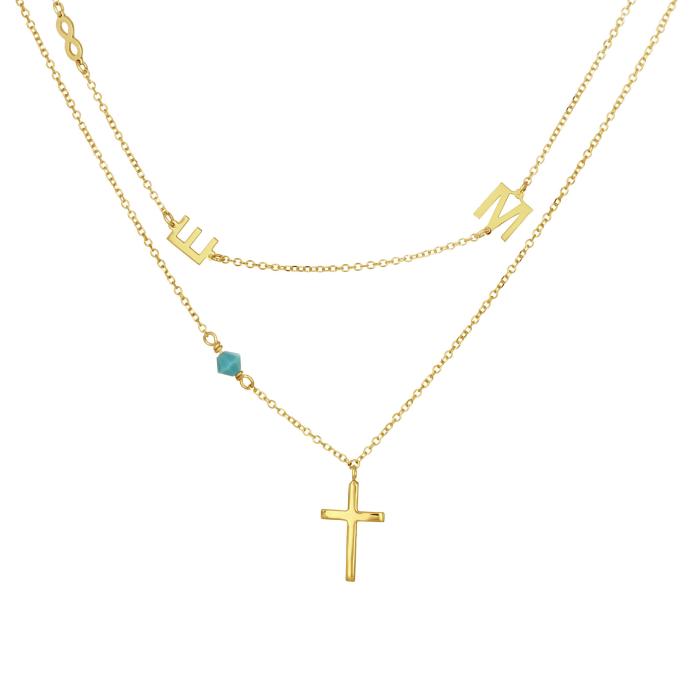 Γυναικείο Κολιέ με Σταυρό Διπλή Αλυσίδα & Μονόγραμμα Χρυσός Κ14 SKU-81242