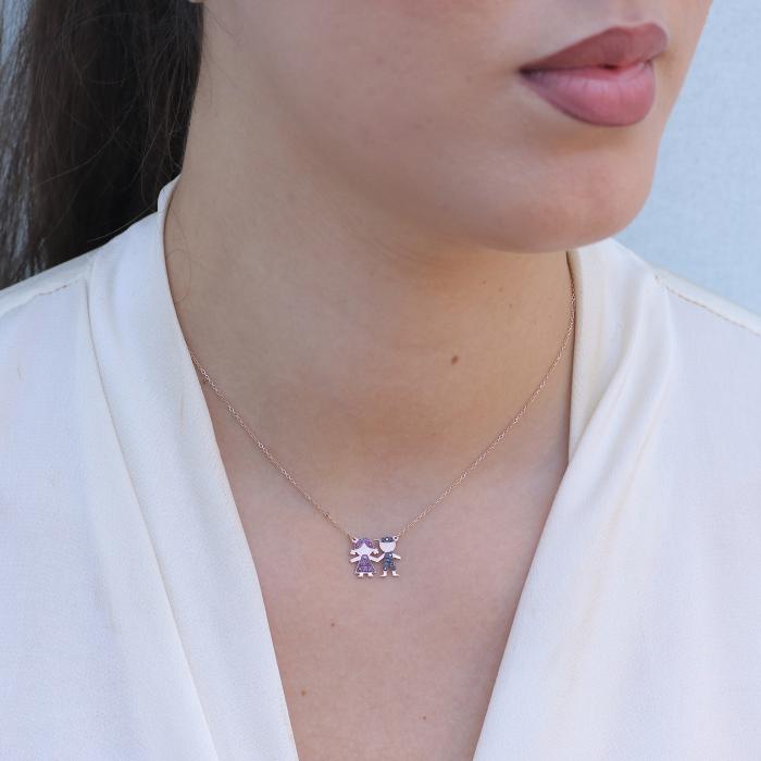 Κολιέ Παιδάκια Ροζ Χρυσός Κ14 με Ρουμπίνια & Μαύρα Διαμάντια SKU-81610