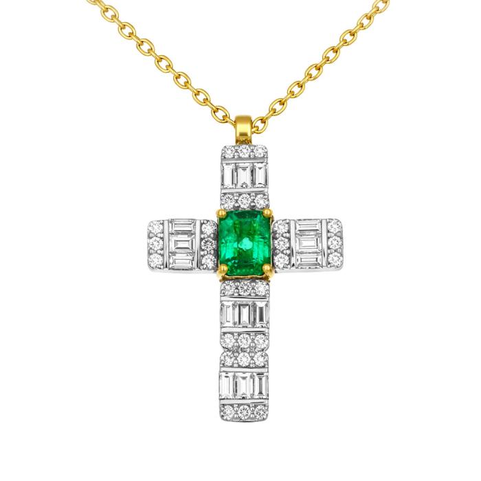 Σταυρός με Αλυσίδα Λευκόχρυσος & Χρυσός K18 με Διαμάντια & Σμαράγδι SKU-81197