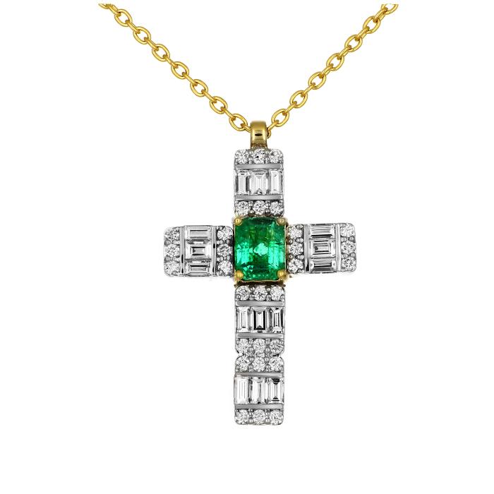 Σταυρός με Αλυσίδα Λευκόχρυσος & Χρυσός K18 με Διαμάντια & Σμαράγδι SKU-81197