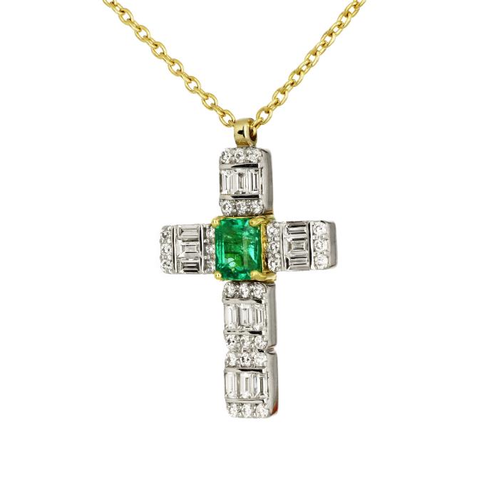 Σταυρός με Αλυσίδα Λευκόχρυσος & Χρυσός K18 με Διαμάντια & Σμαράγδι SKU-81197
