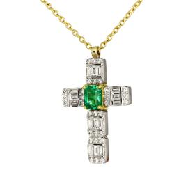 Σταυρός με Αλυσίδα Λευκόχρυσος & Χρυσός K18 με Διαμάντια & Σμαράγδι SKU-81197