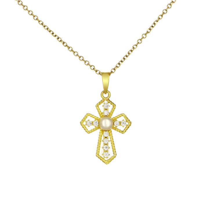 Σταυρός Χρυσός K9 με Ζιργκόν & Μαργαριτάρι SKU-81811