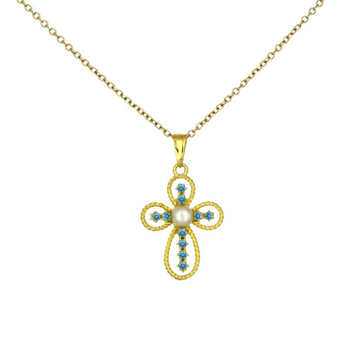 Σταυρός Χρυσός K9 με Γαλάζια Ζιργκόν & Μαργαριτάρι SKU-81812