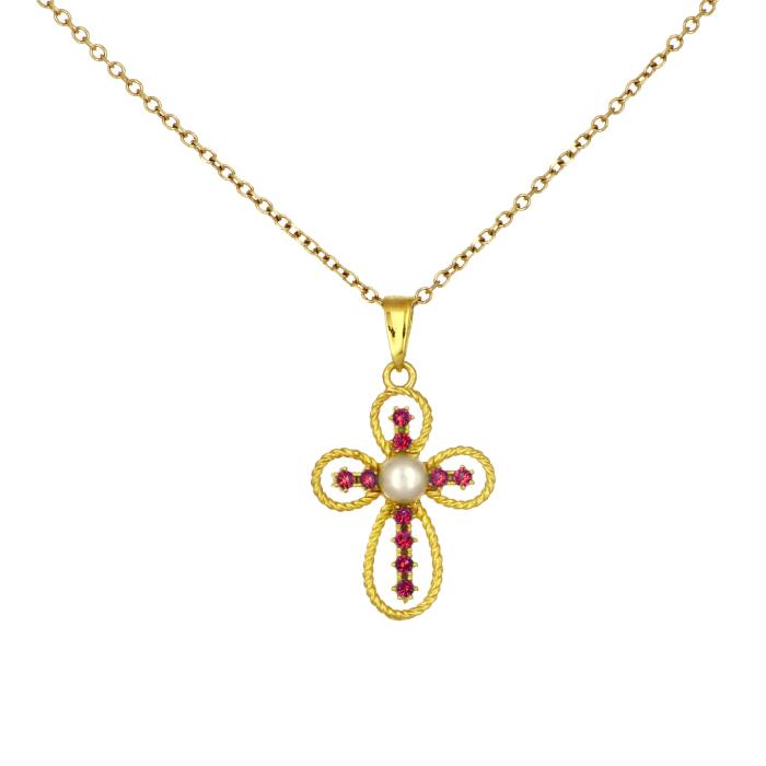 Σταυρός Χρυσός K9 με Ροζ Ζιργκόν & Μαργαριτάρι SKU-81813