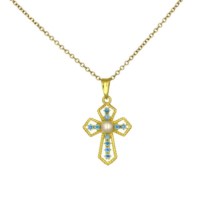 Σταυρός με Μαργαριτάρι & Γαλάζια Ζιργκόν Χρυσός K9 SKU-81814