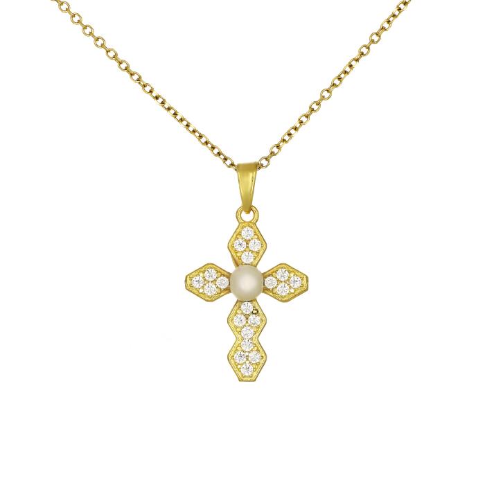 Σταυρός Χρυσός K9 με Λευκά Ζιργκόν και Μαργαριτάρι SKU-81817