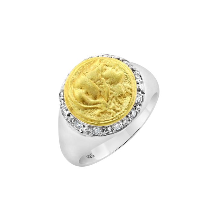 Ανδρικό Δαχτυλίδι σε Αρχαιοελληνικό Ύφος Ασήμι 925° με Λευκά Ζιργκόν SKU-82640