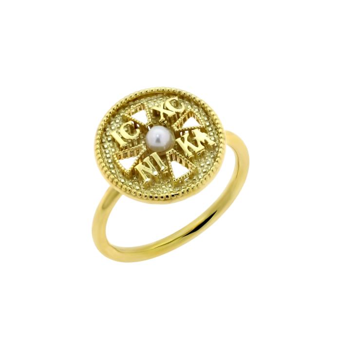 Βυζαντινό Φυλαχτό Δαχτυλίδι Κωνσταντινάτο με Μαργαριτάρι Χρυσός K9 SKU-82656