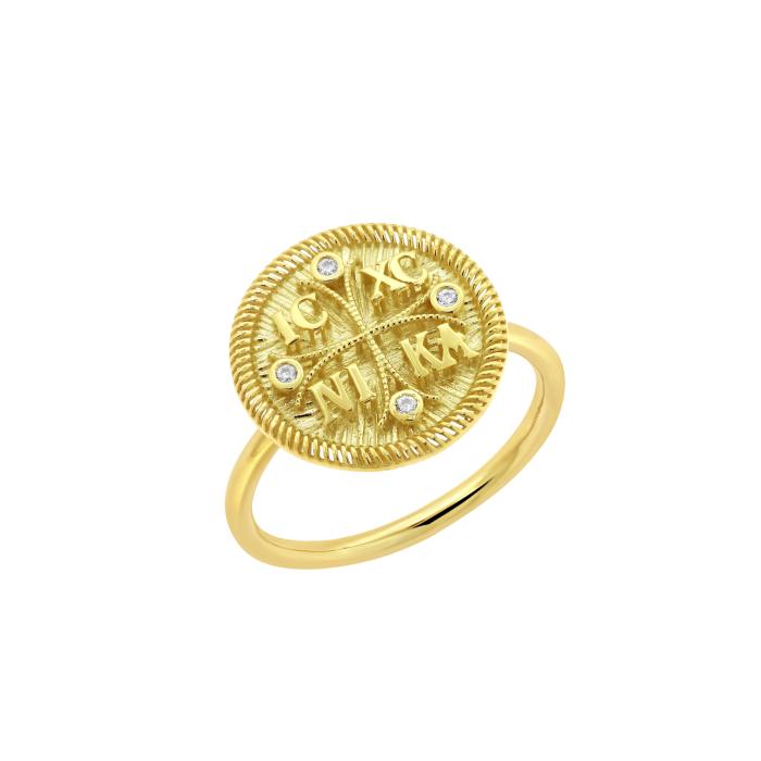 Δαχτυλίδι Βυζαντινό Φυλαχτό Κωνσταντινάτο με Λευκά Ζιργκόν Χρυσός K9 SKU-82657