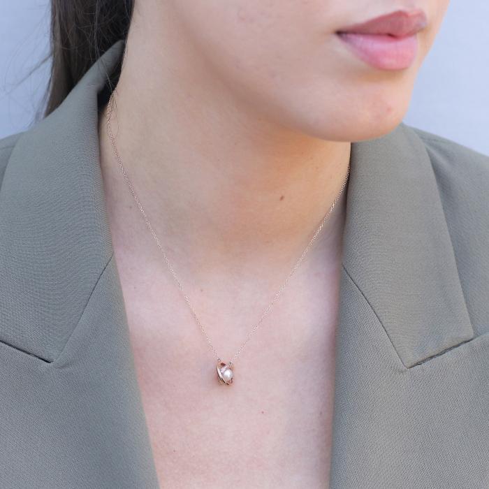 Κολιέ Ροζ Χρυσού K9 με Λευκά Ζιργκόν & Μαργαριτάρι SKU-82282